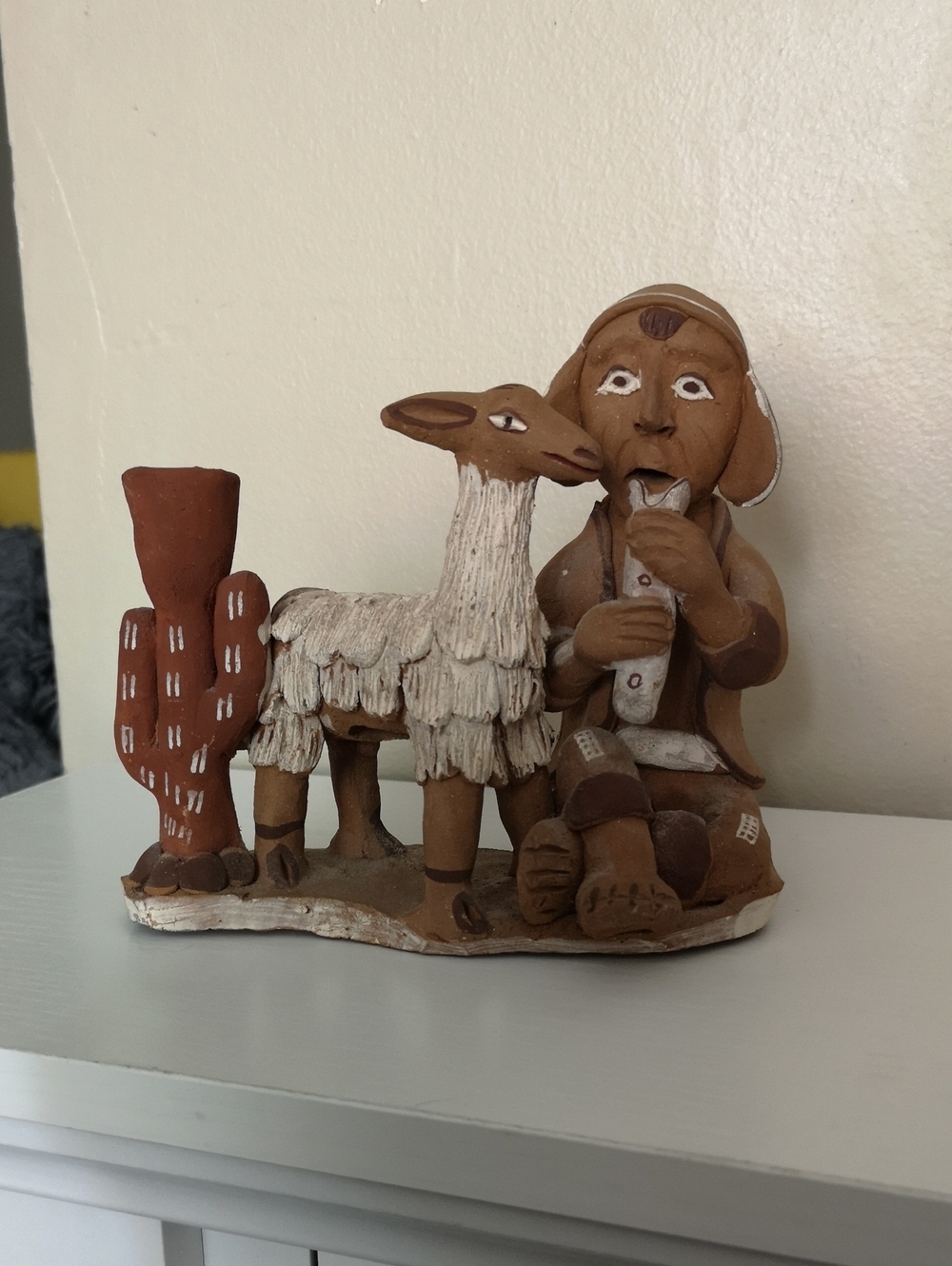 Fantastic Vintage Terracotta Peruvian Folk Art Figure Man Playing Flute & Lama